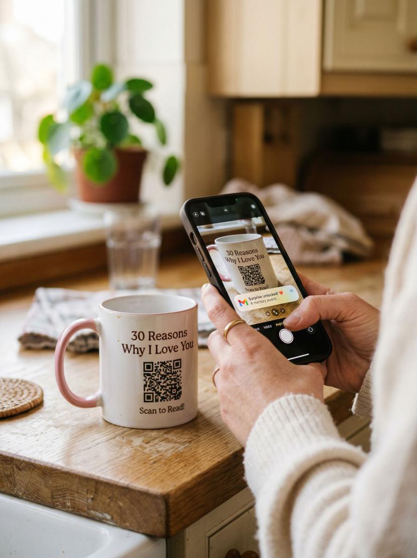 Someone scanning the QR code on a 30 Reasons Why mug with their phone